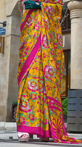 Rhapsodic Yellow Digital Printed Satin Silk Saree With Opulent Blouse Piece
