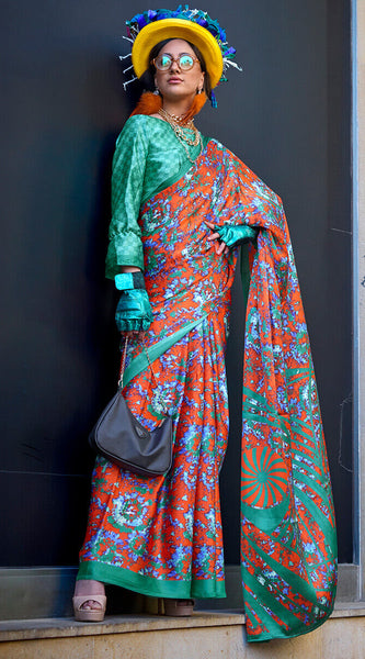 Beguiling Orange Digital Printed Satin Silk Saree With Embellished Blouse Piece