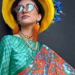 Beguiling Orange Digital Printed Satin Silk Saree With Embellished Blouse Piece