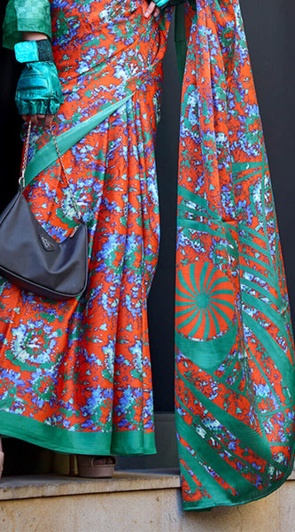 Beguiling Orange Digital Printed Satin Silk Saree With Embellished Blouse Piece
