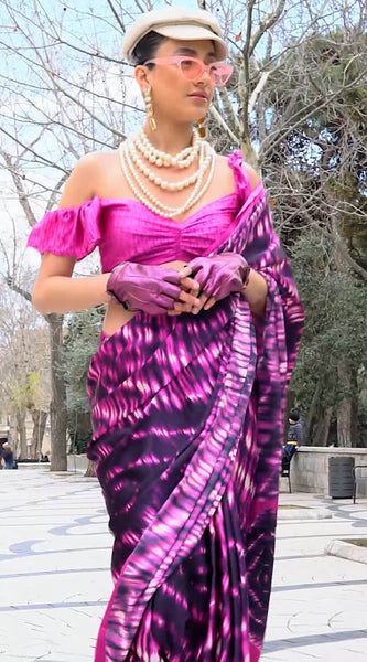 Dulcet Purple Digital Printed Satin Silk Saree With Ethereal Blouse Piece