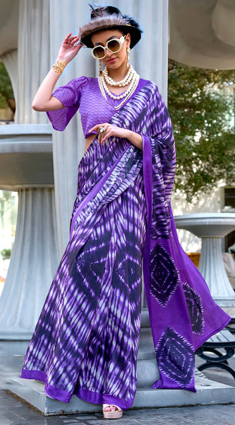 Majestic Royal Purple Digital Printed Satin Silk Saree With Imaginative Blouse Piece