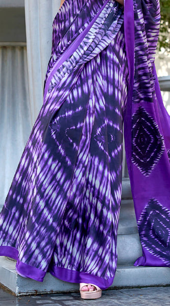 Majestic Royal Purple Digital Printed Satin Silk Saree With Imaginative Blouse Piece
