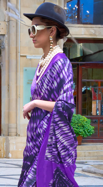 Majestic Royal Purple Digital Printed Satin Silk Saree With Imaginative Blouse Piece