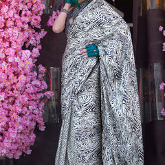 Engaging Grey Digital Printed Satin Silk Saree With Magnetic Blouse Piece