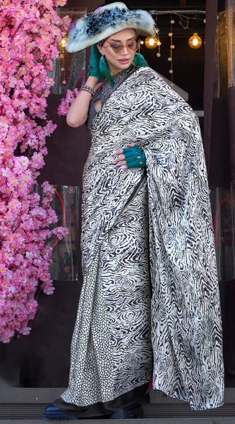 Engaging Grey Digital Printed Satin Silk Saree With Magnetic Blouse Piece