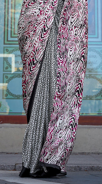 Nemesis Wine and Grey Digital Printed Satin Silk Saree With Elision Blouse Piece