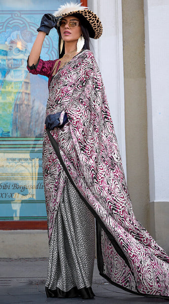 Nemesis Wine and Grey Digital Printed Satin Silk Saree With Elision Blouse Piece