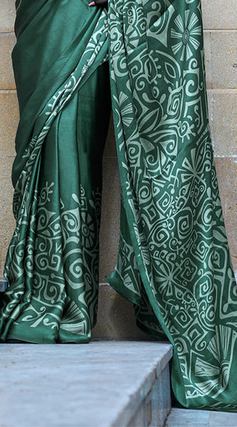 Conflate Dark Green Digital Printed Satin Silk Saree With Angelic Blouse Piece