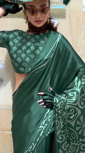 Conflate Dark Green Digital Printed Satin Silk Saree With Angelic Blouse Piece