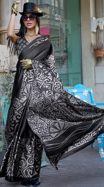 Twirling Black Digital Printed Satin Silk Saree With Arresting Blouse Piece