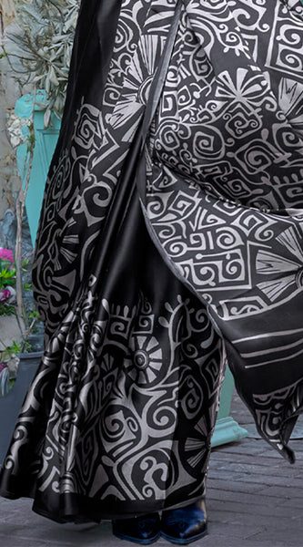 Twirling Black Digital Printed Satin Silk Saree With Arresting Blouse Piece