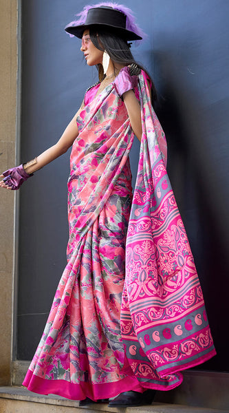 Beautiful Pink Digital Printed Satin Silk Saree With Outstanding Blouse Piece