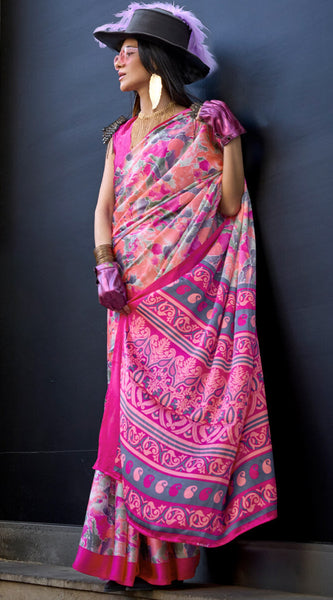 Beautiful Pink Digital Printed Satin Silk Saree With Outstanding Blouse Piece