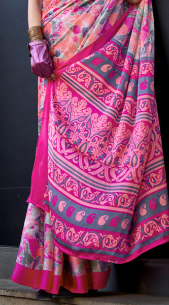 Beautiful Pink Digital Printed Satin Silk Saree With Outstanding Blouse Piece