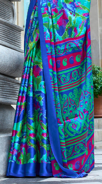 Refreshing Blue Digital Printed Satin Silk Saree With Energetic Blouse Piece