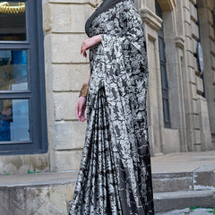 Unique Black and White Digital Printed Satin Silk Saree With Beautiful Blouse Piece