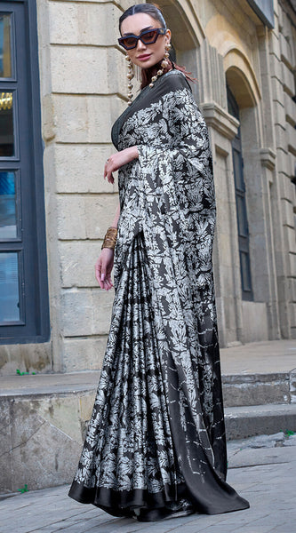 Unique Black and White Digital Printed Satin Silk Saree With Beautiful Blouse Piece
