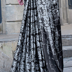 Unique Black and White Digital Printed Satin Silk Saree With Beautiful Blouse Piece