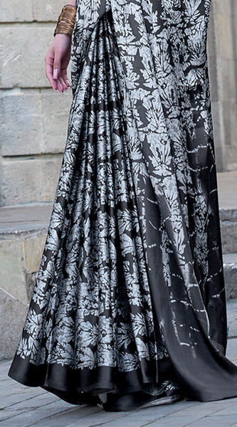 Unique Black and White Digital Printed Satin Silk Saree With Beautiful Blouse Piece