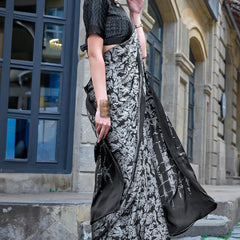 Unique Black and White Digital Printed Satin Silk Saree With Beautiful Blouse Piece