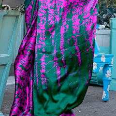Breathtaking Magenta and Green Digital Printed Satin Silk Saree With Blissful Blouse Piece