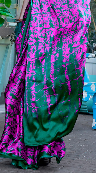 Breathtaking Magenta and Green Digital Printed Satin Silk Saree With Blissful Blouse Piece
