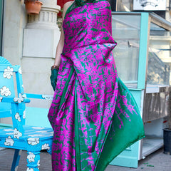 Breathtaking Magenta and Green Digital Printed Satin Silk Saree With Blissful Blouse Piece