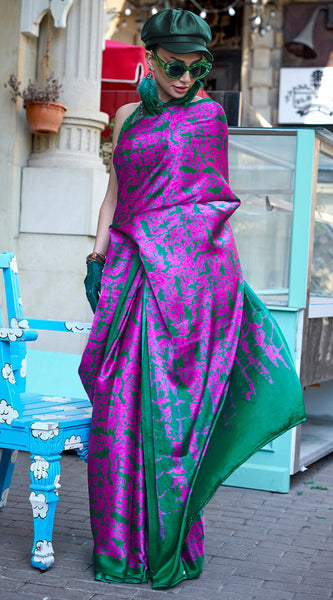 Breathtaking Magenta and Green Digital Printed Satin Silk Saree With Blissful Blouse Piece