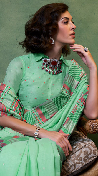 Trendy Sea Green Cotton Silk Saree With Sizzling Blouse Piece