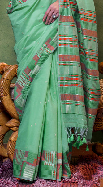 Trendy Sea Green Cotton Silk Saree With Sizzling Blouse Piece