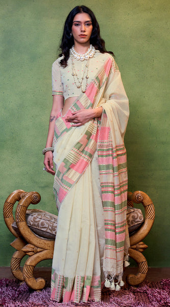Unique Beige Cotton Silk Saree With Intricate Blouse Piece