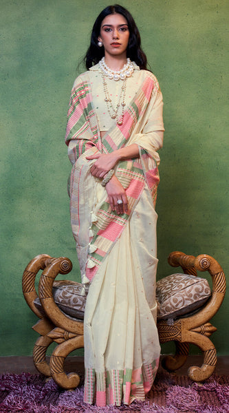 Unique Beige Cotton Silk Saree With Intricate Blouse Piece