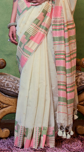 Unique Beige Cotton Silk Saree With Intricate Blouse Piece