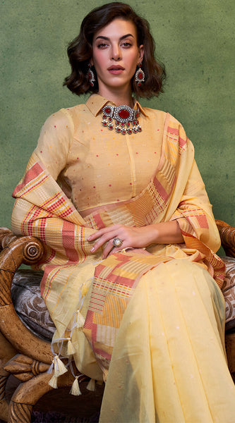Engrossing Yellow Cotton Silk Saree With Prominent Blouse Piece