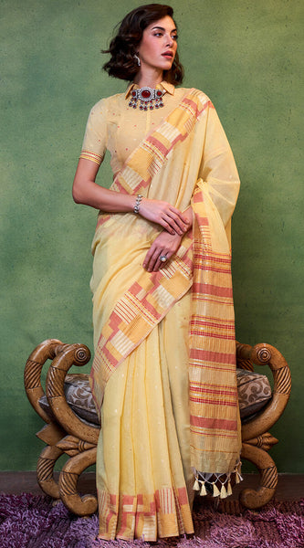 Engrossing Yellow Cotton Silk Saree With Prominent Blouse Piece