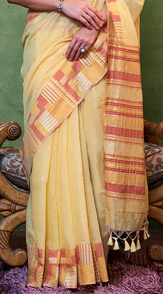 Engrossing Yellow Cotton Silk Saree With Prominent Blouse Piece