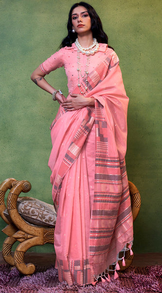 Flameboyant Pink Cotton Silk Saree With Fancifull Blouse Piece