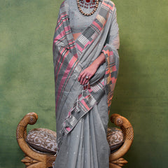 Entrancing Grey Cotton Silk Saree With Adoring Blouse Piece