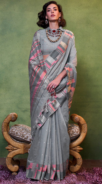 Entrancing Grey Cotton Silk Saree With Adoring Blouse Piece