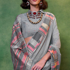Entrancing Grey Cotton Silk Saree With Adoring Blouse Piece