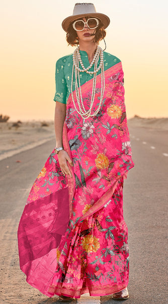 Brood Dark Pink Digital Printed Tussar Silk Saree With Divine Blouse Piece