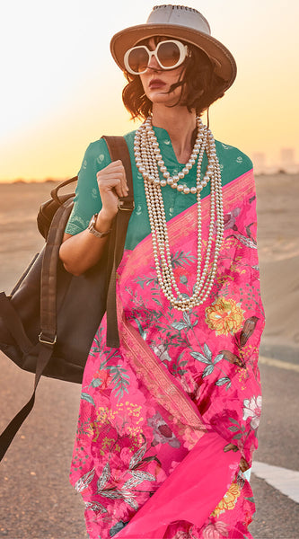 Brood Dark Pink Digital Printed Tussar Silk Saree With Divine Blouse Piece