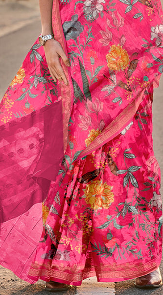 Brood Dark Pink Digital Printed Tussar Silk Saree With Divine Blouse Piece