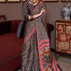 Resplendent Black Digital Printed Satin Silk Saree With Piquant Blouse Piece