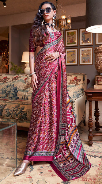 Aplomb Wine Digital Printed Satin Silk Saree With Ravishing Blouse Piece