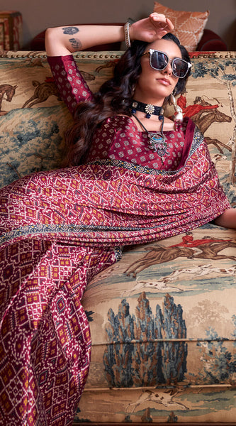 Aplomb Wine Digital Printed Satin Silk Saree With Ravishing Blouse Piece