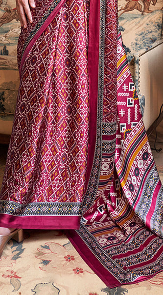 Aplomb Wine Digital Printed Satin Silk Saree With Ravishing Blouse Piece