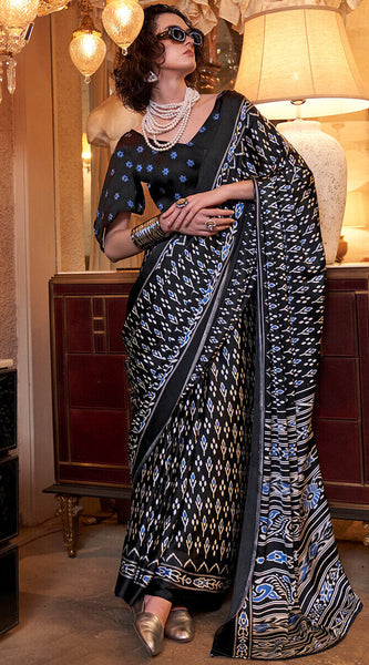 Ethereal Black Digital Printed Satin Silk Saree With Tantalizing Blouse Piece