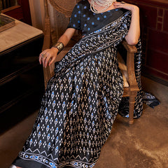 Ethereal Black Digital Printed Satin Silk Saree With Tantalizing Blouse Piece